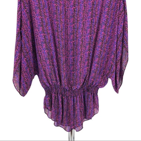 Parker Silk Printed Purple Pink Blouson Smocked Waist Blouse Top - Picture 4 of 12